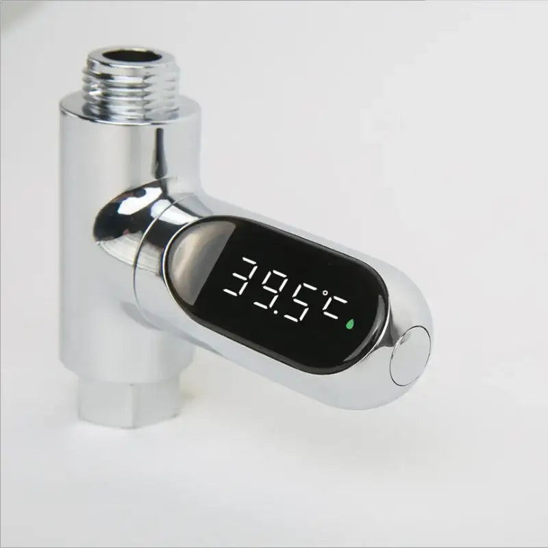 Chrome-finished decorbites led shower thermometer with oval digital display showing 39.5°c and green water droplet icon