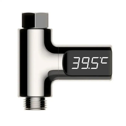 Modern chrome shower thermometer DecorBites led shower thermometer with sleek black display showing 39.5°c temperature