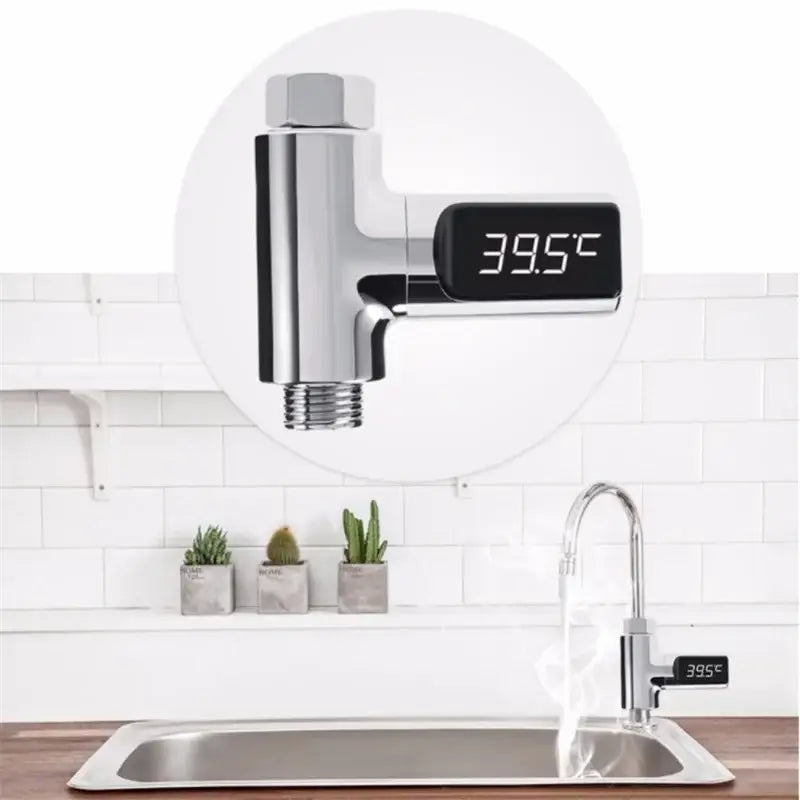 Silver decorbites led shower thermometer with black display showing 39.5f and integrated temperature sensor