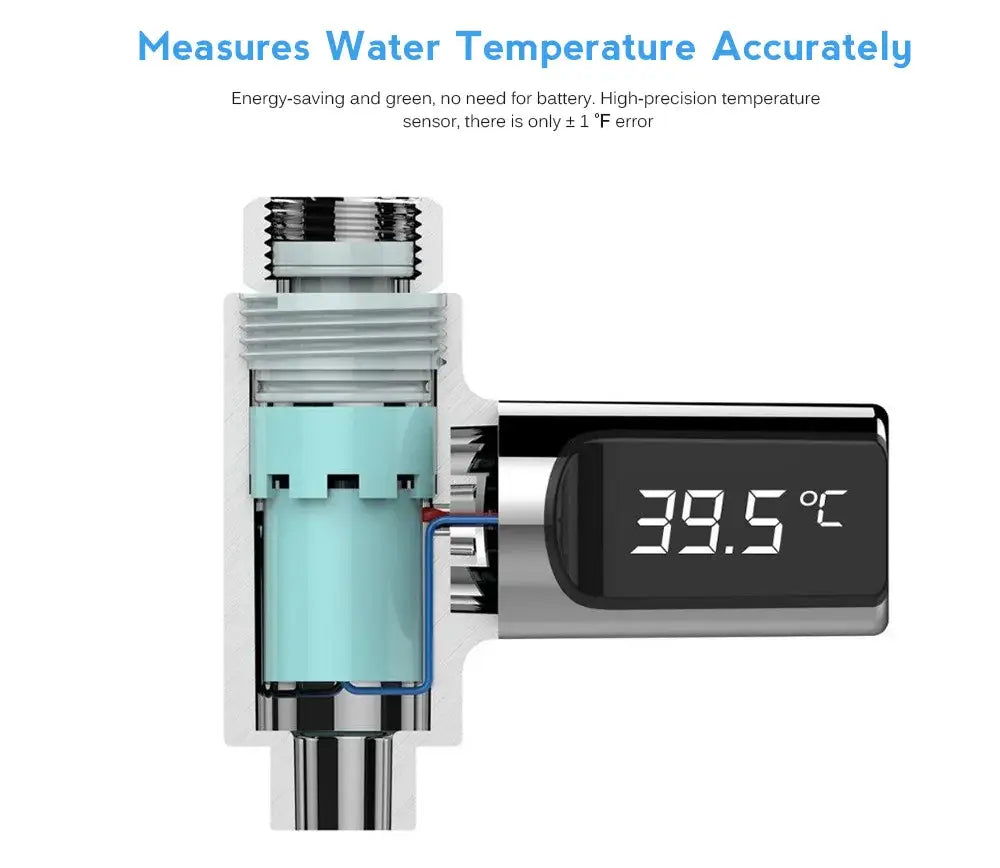 Silver and black decorbites led shower thermometer with digital temperature display and high-precision sensor showing 39.5°c