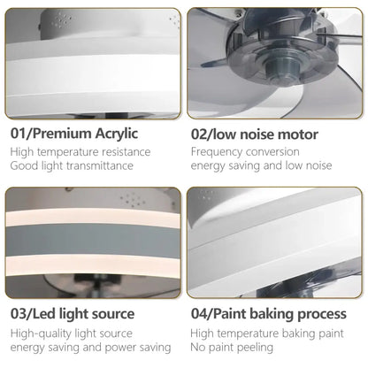 White acrylic DecorBites™ LED silent ceiling fan light with chrome motor housing for modern indoor decor