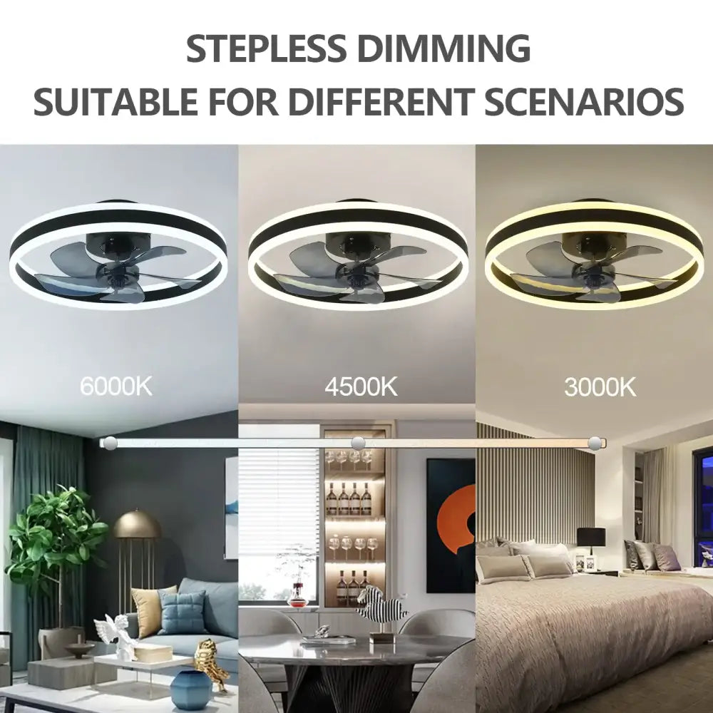 Modern circular ceiling fan light with integrated led and sleek black and white design for indoor decor