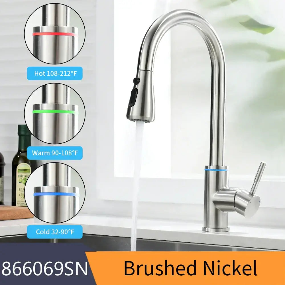 Brushed nickel decorbites led single kitchen faucet with sleek arched spout and pull down spray head for sink use