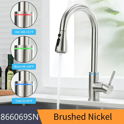 Brushed nickel decorbites led single kitchen faucet with sleek arched spout and pull down spray head for sink use