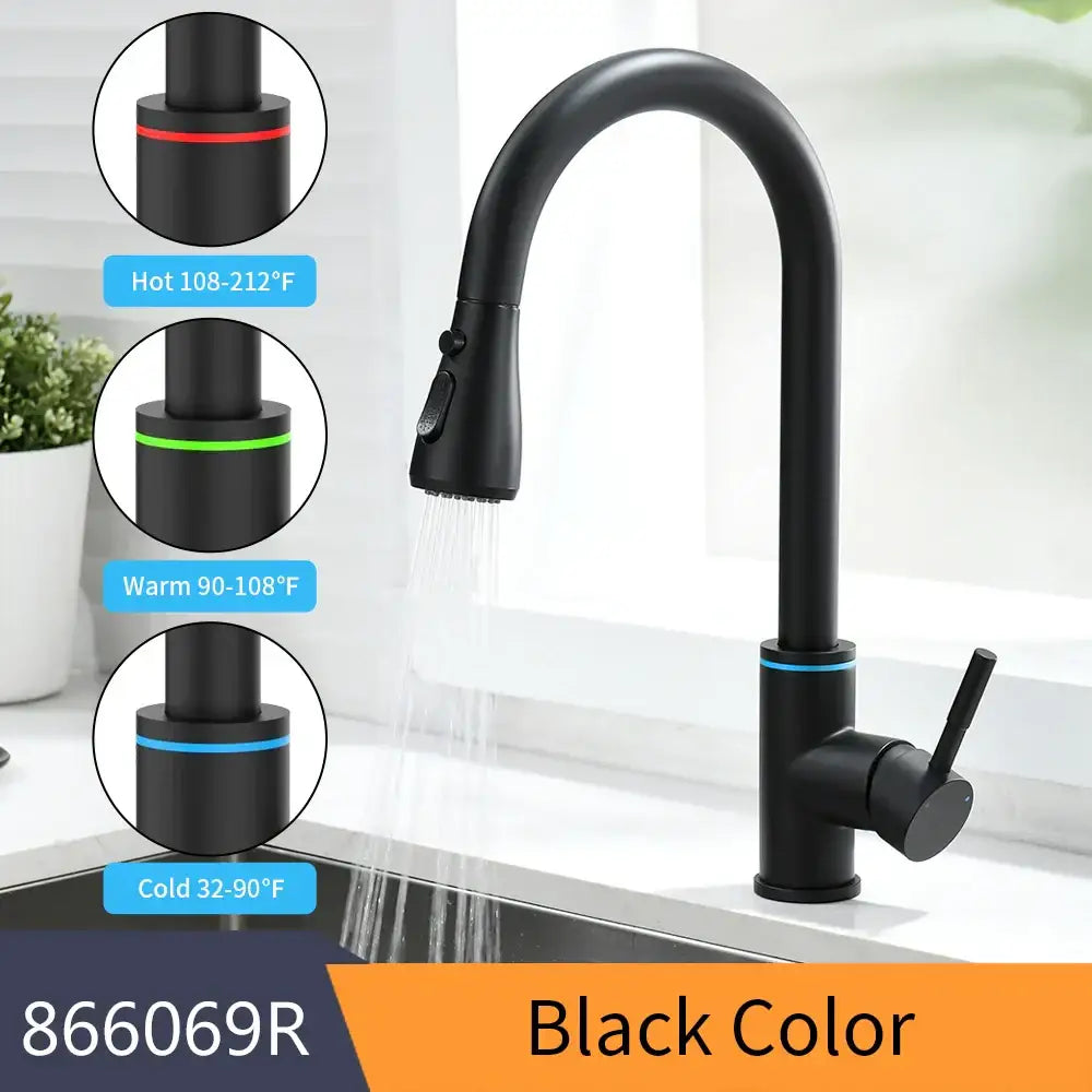 Black matte finish decorbites led single kitchen faucet with curved spout and color-coded temperature handle indicators