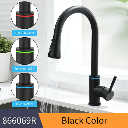 Black matte finish decorbites led single kitchen faucet with curved spout and color-coded temperature handle indicators