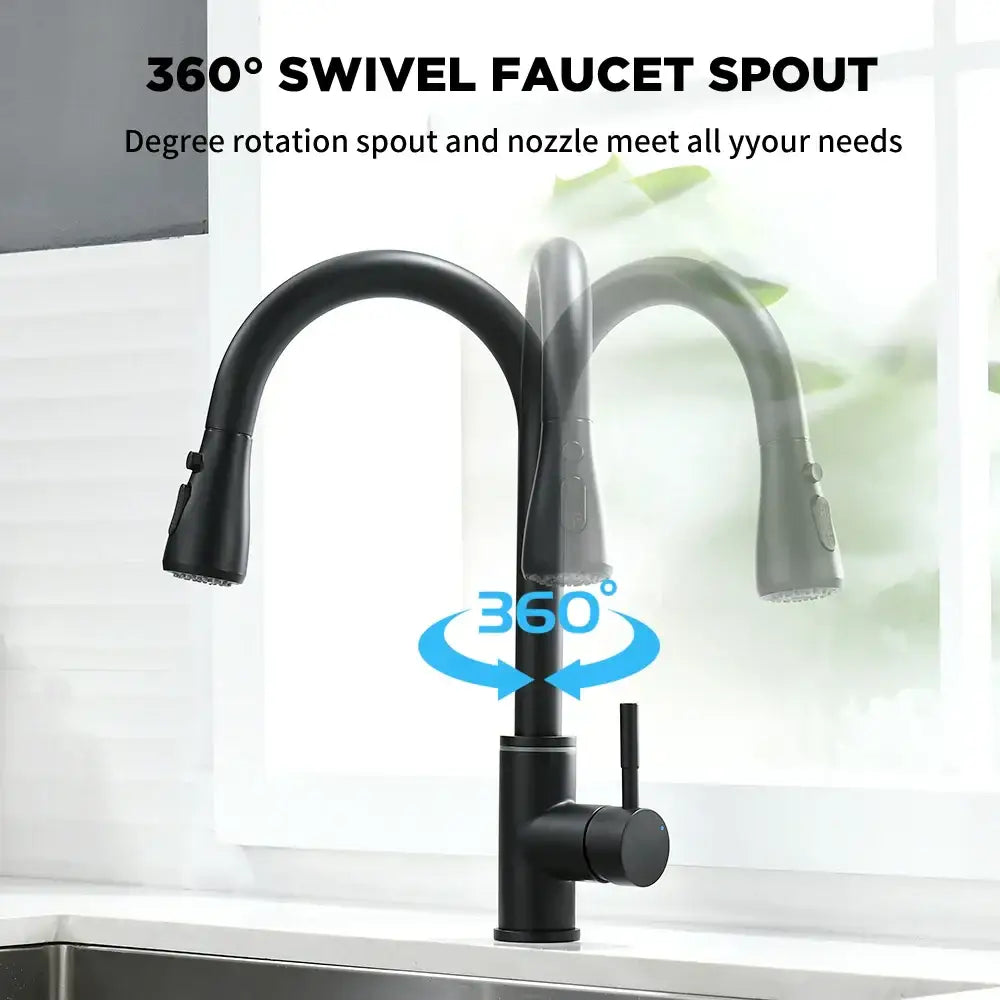 Black matte decorbites led single kitchen faucet with 360-degree swivel and pull-down spray head in modern design