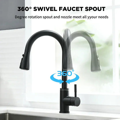 Black matte decorbites led single kitchen faucet with 360-degree swivel and pull-down spray head in modern design