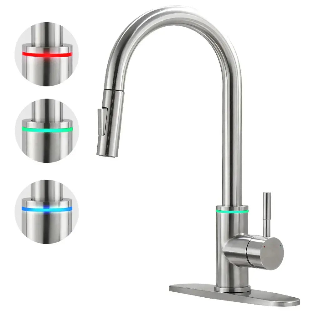 Stainless steel kitchen faucet with sleek curved spout and red green blue led lighting decorbites led single hole