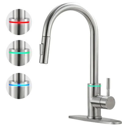 Stainless steel kitchen faucet with sleek curved spout and red green blue led lighting decorbites led single hole