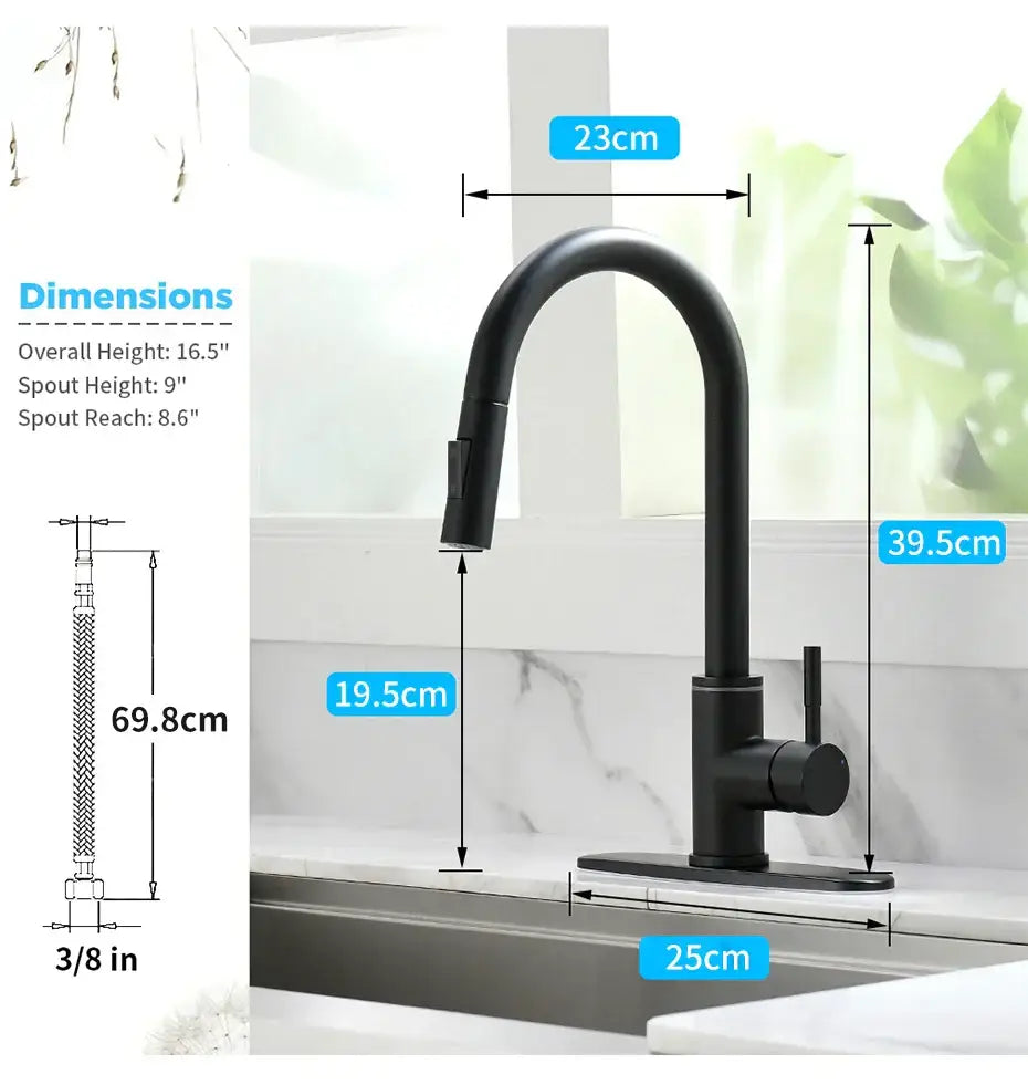 Black matte finish decorbites led single hole kitchen faucet with curved pull-down spray head and stream sprayer