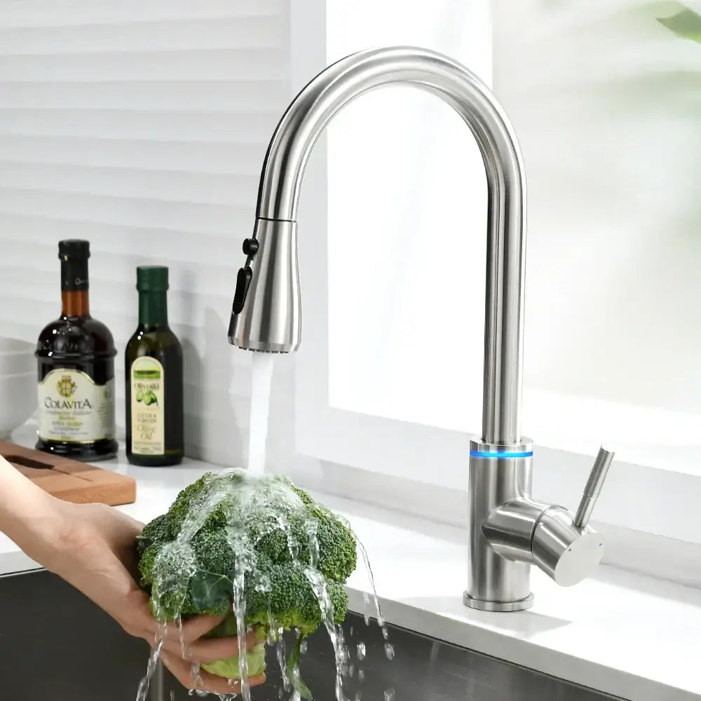 Stainless steel decorbites led single kitchen faucet with sleek curved spout and pull-down spray head in silver