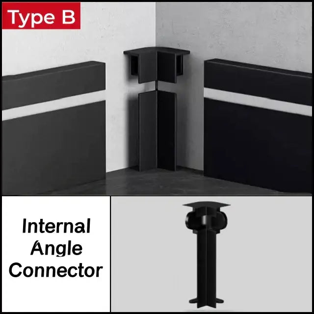 Black internal angle connector with matte finish for led skirting aluminum profiles in DecorBites™ Conner Baseboard design