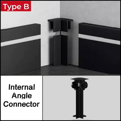 Black internal angle connector with matte finish for led skirting aluminum profiles in DecorBites™ Conner Baseboard design