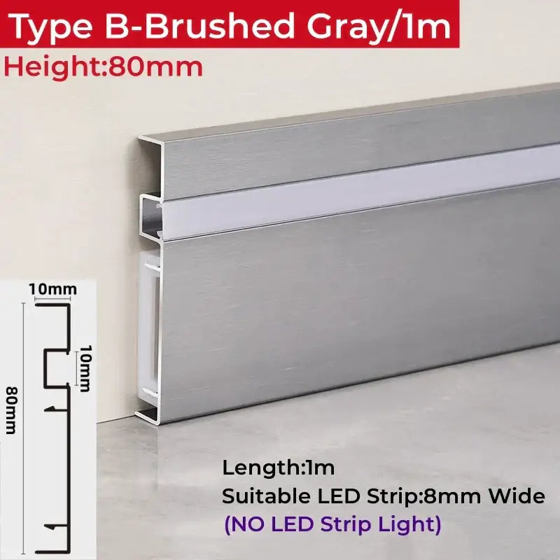 Brushed gray aluminum baseboard trim 80mm high 1m long for led skirting aluminum profiles by decorbites