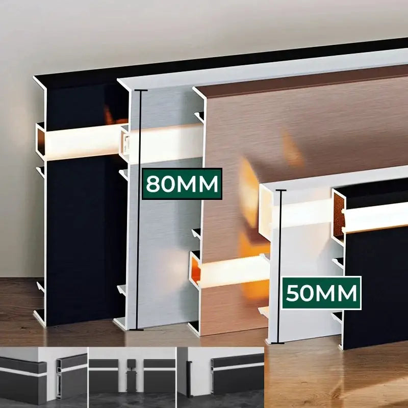 Decorbites™ led skirting aluminum profiles in black white and brushed gold with integrated led lighting strips