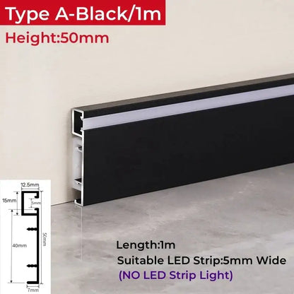 Black aluminum led skirting baseboard trim with sleek modern profile and integrated channel for led strip light aluminum profiles