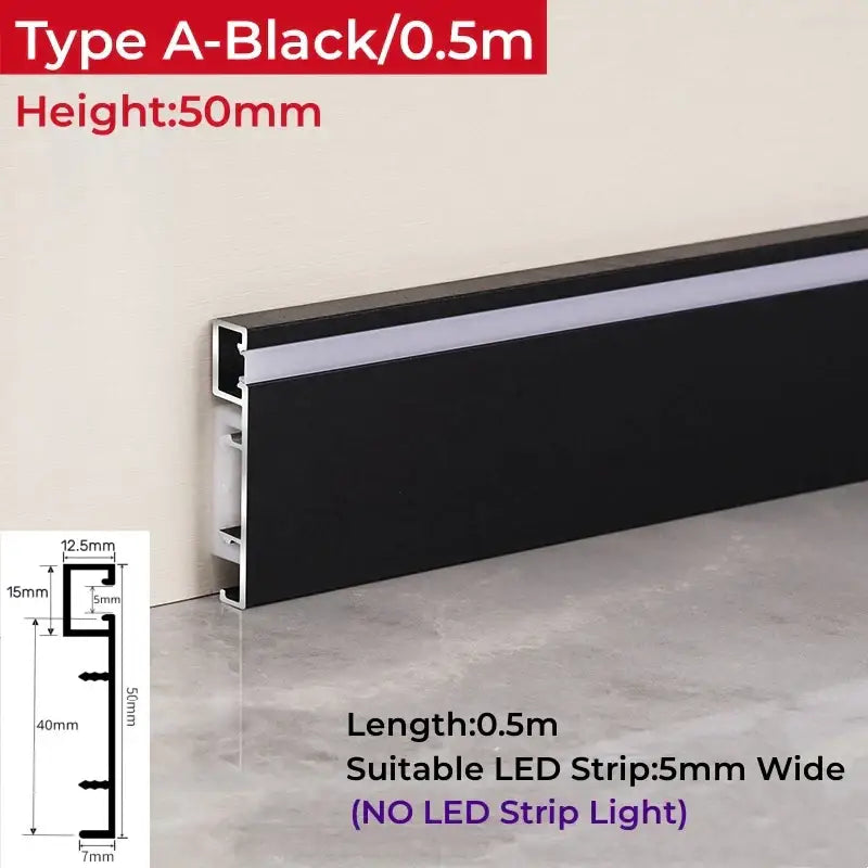 Black aluminum led skirting baseboard trim with sleek modern profile and integrated channel for led strip lighting