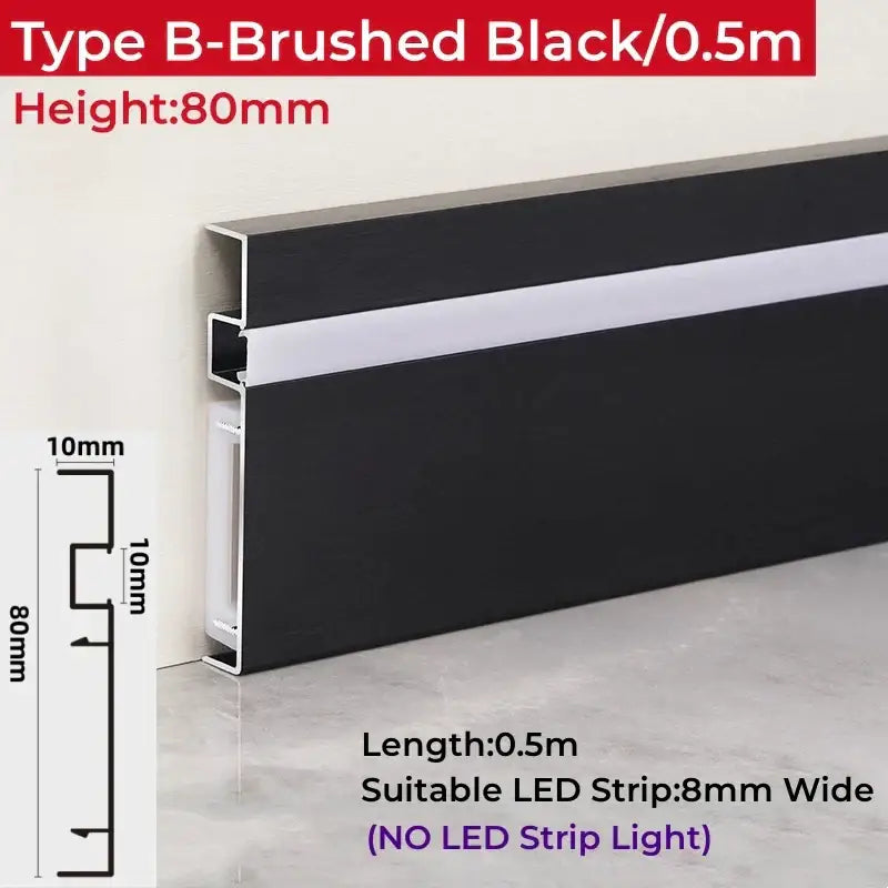Type b brushed black led skirting aluminum profile base 80mm high 50cm long sleek aluminum for wall decor