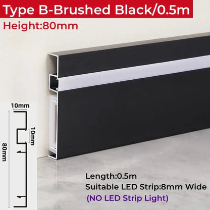Type b brushed black led skirting aluminum profile base 80mm high 50cm long sleek aluminum for wall decor