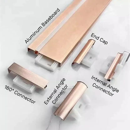 Rose gold aluminum profiles for led skirting baseboard trim with matching end caps and connectors for wall decor