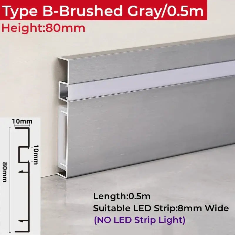 Brushed gray aluminum led skirting baseboard with sleek profile and integrated channel for 8mm led strip aluminum profiles