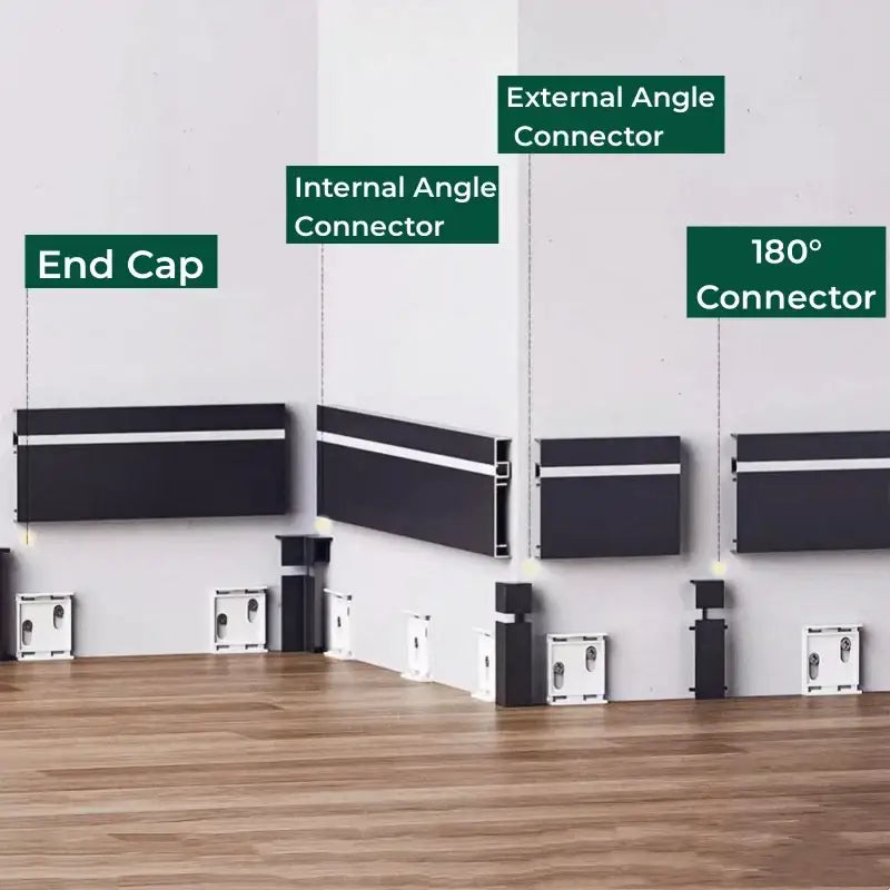 Black aluminum led skirting aluminum profiles with white accents and labeled connectors for easy installation