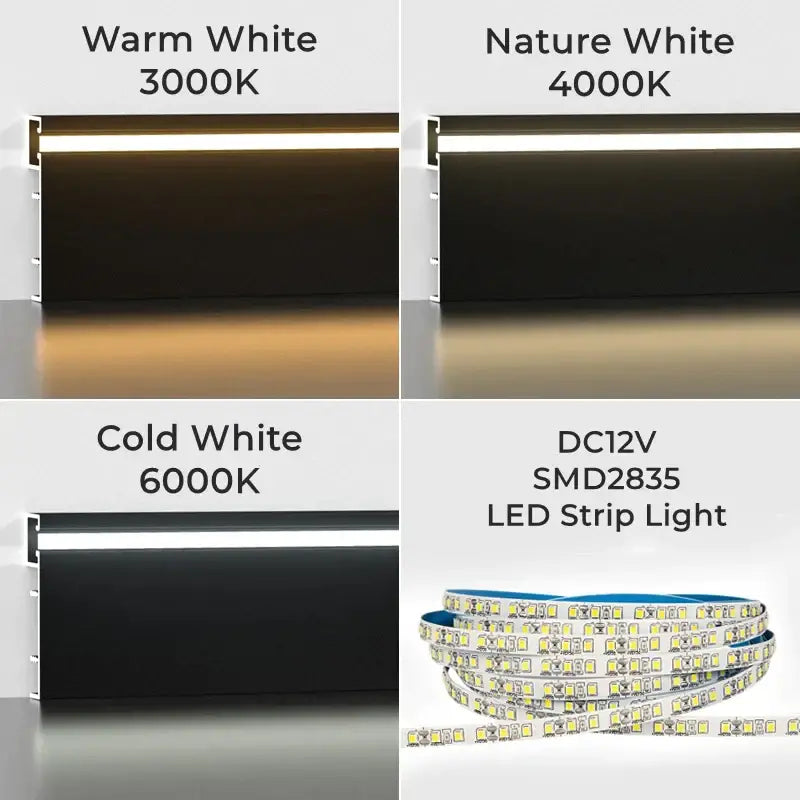Dc12v smd2835 led strip light with densely packed yellowish white leds on blue backing for decorbites™ aluminum profile baseboard led skirting