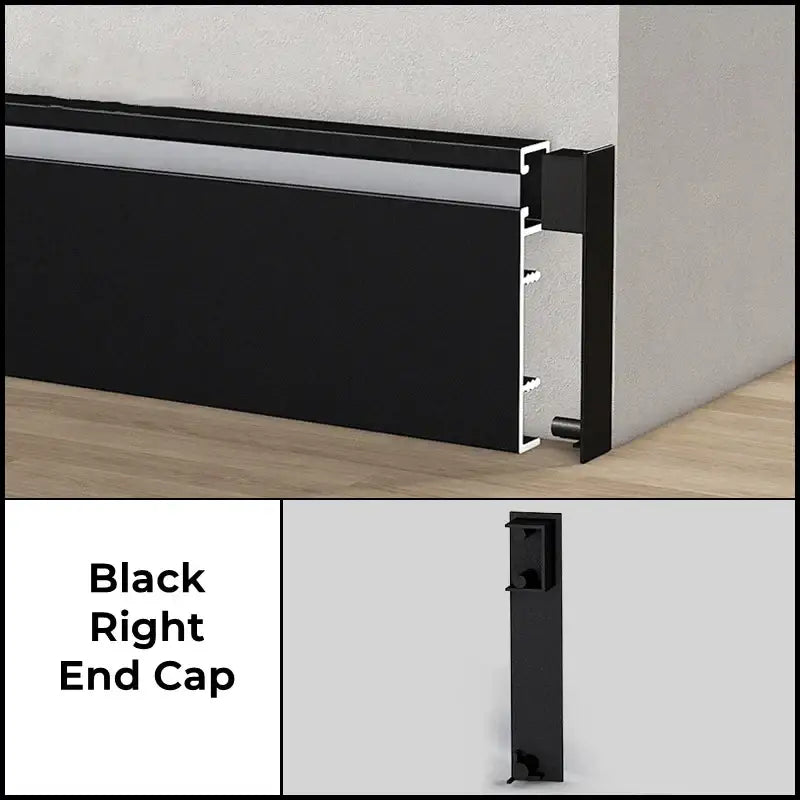Black right end cap for DecorBites™ aluminum profile baseboard with led skirting for modern backlight strip lights