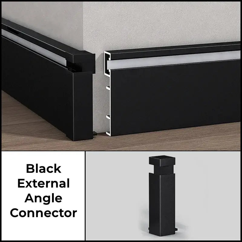 Black external angle connector for decorbites™ aluminum profile baseboard used in led skirting installation