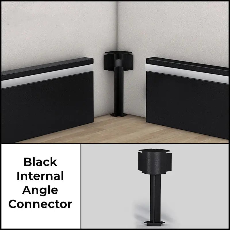 Black internal angle connector with matte finish for DecorBites™ aluminum profile baseboard led skirting installation
