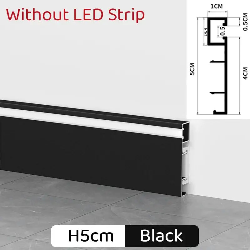 Black DecorBites™ aluminum profile baseboard with 1cm depth for led skirting and backlight strip lights installation