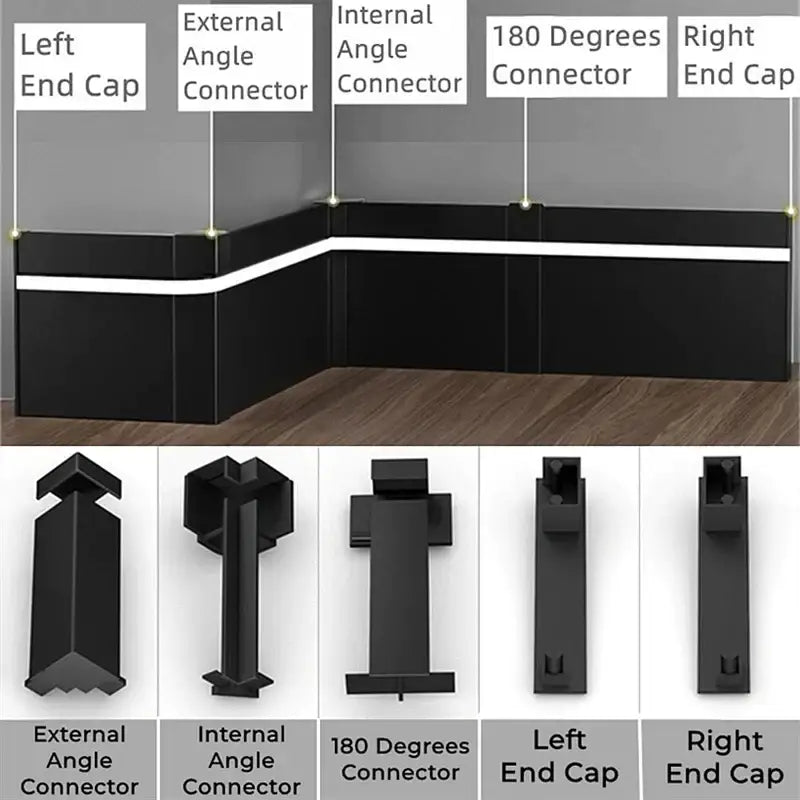 Black corner protection system with labeled connectors and end caps for decorbites led skirting aluminum profile baseboard
