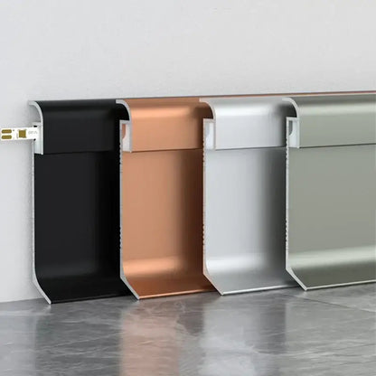 Four metallic decorbites™ led skirting line aluminum profiles in black copper silver and sage green for stylish lighting and trim