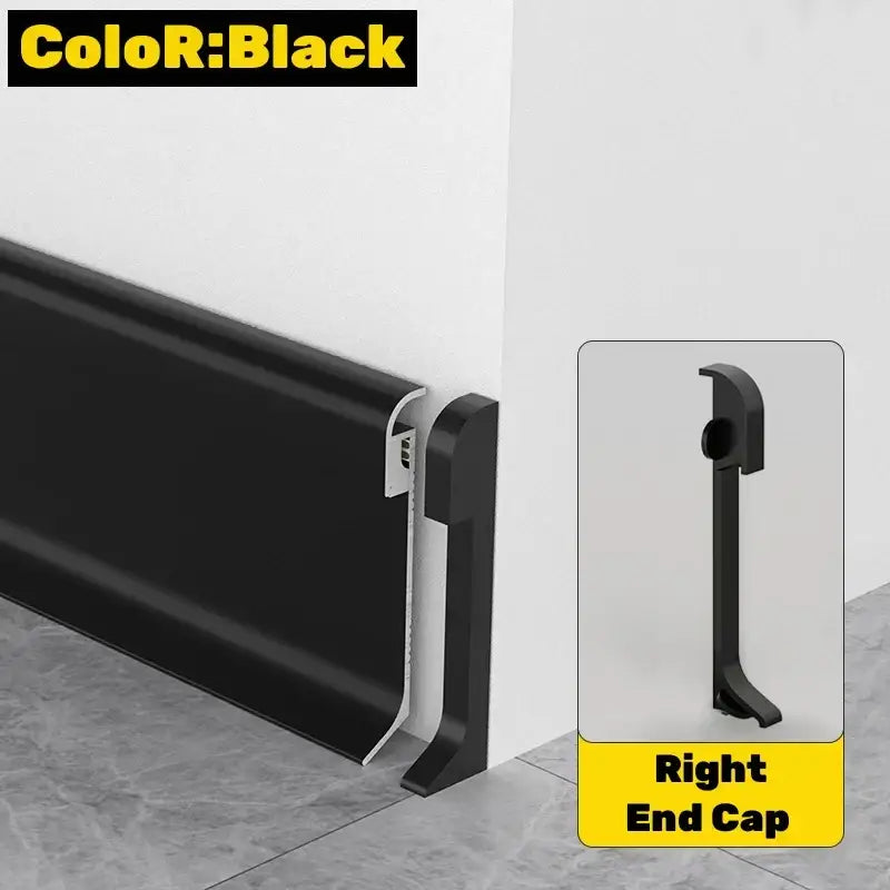 Black plastic baseboard trim with sleek modern design and matching right end cap for decorbites led skirting line application