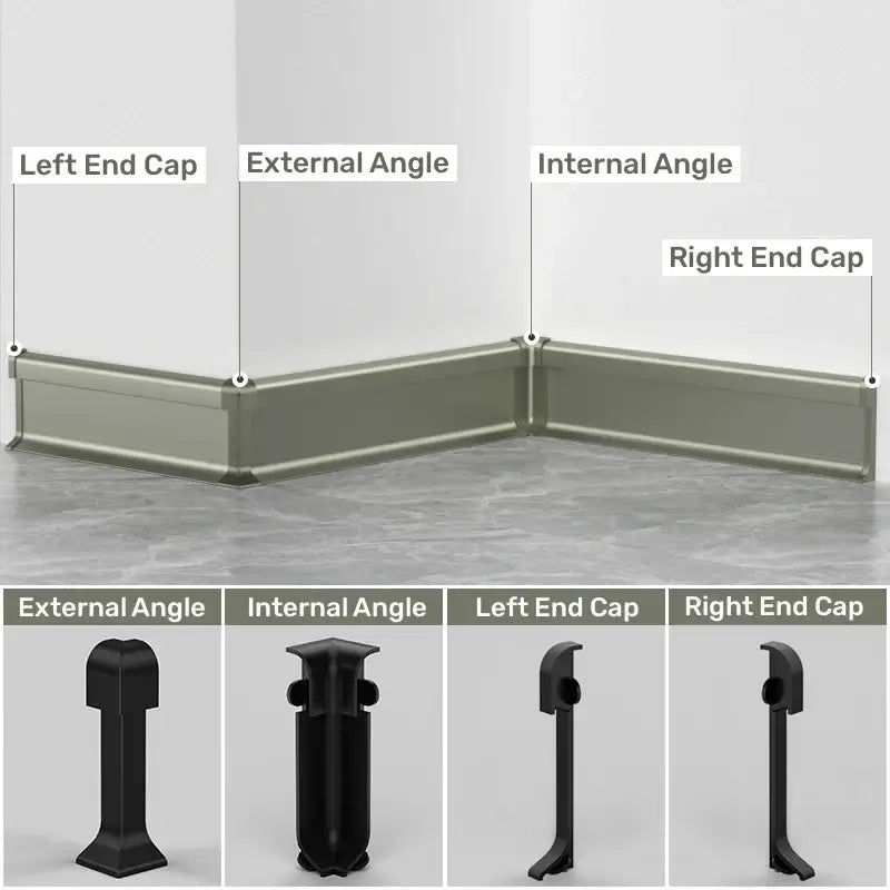 Black plastic corner base with end caps and angled connectors for decorbites led skirting line aluminum profiles installation