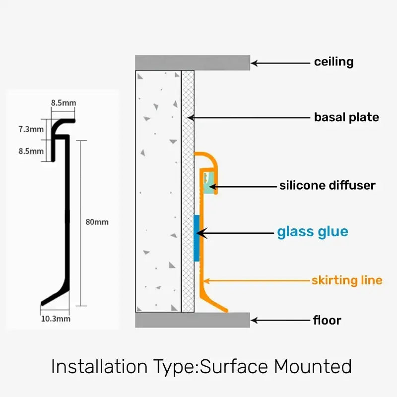 Black surface-mounted silicone diffuser with 80mm height and precise markings for decorbites led skirting line aluminum profiles