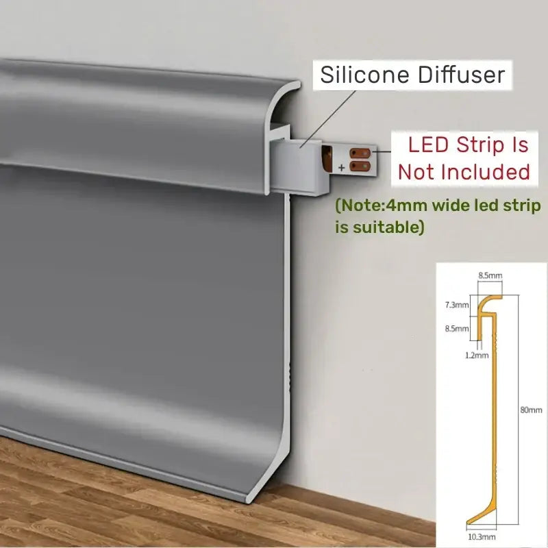 Gray silicone decorbites led skirting baseboard trim with curved profile and integrated bracket for led strip lighting
