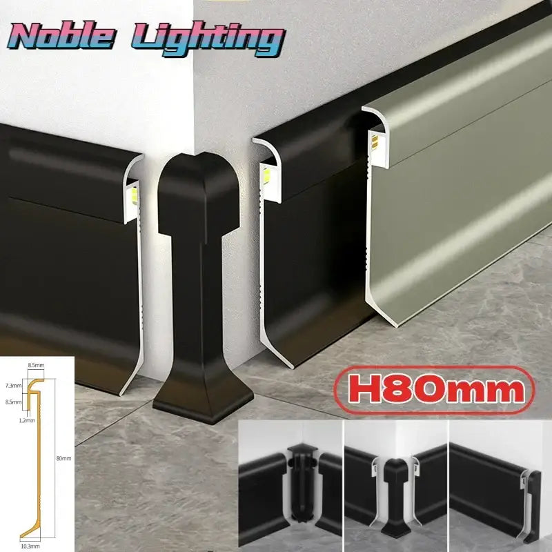 Black and gray DecorBites led skirting line baseboard trim with integrated LED lighting in aluminum for modern wall decor