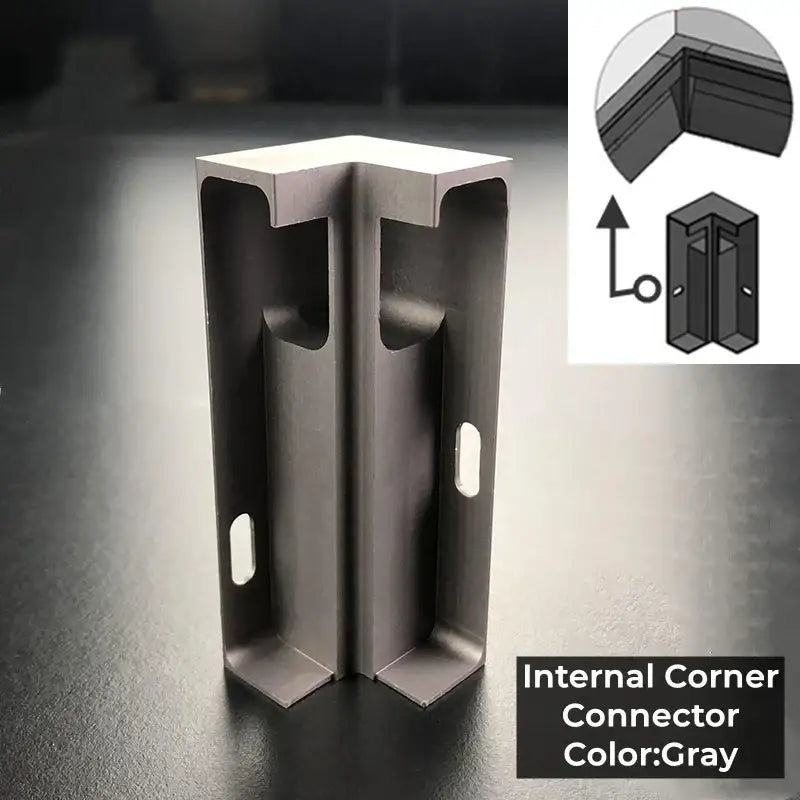 Gray internal corner connector for DecorBites LED skirting line strip light aluminum profile with metallic finish and cutouts