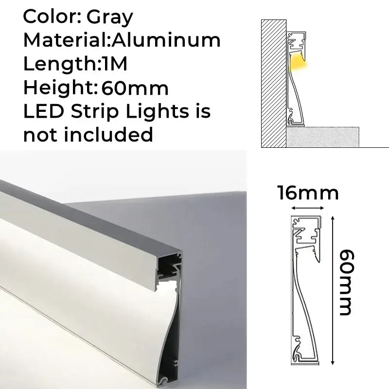 Gray aluminum led skirting line profile 60mm high 1 meter long for decorbites led strip light installation