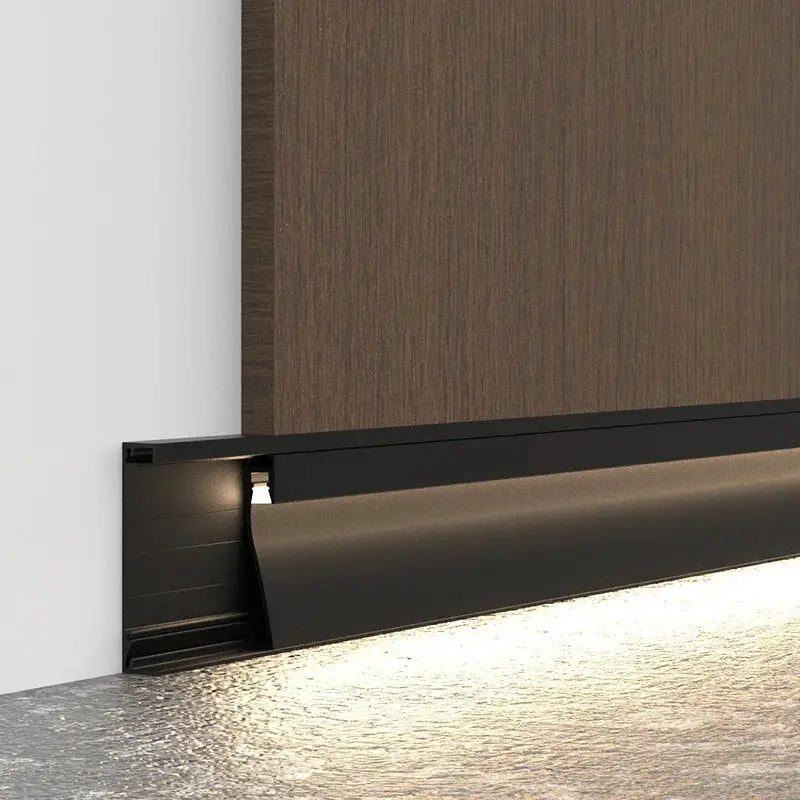 Black matte finish led skirting line aluminum profile with integrated strip light and milky cover by DecorBites LED skirting