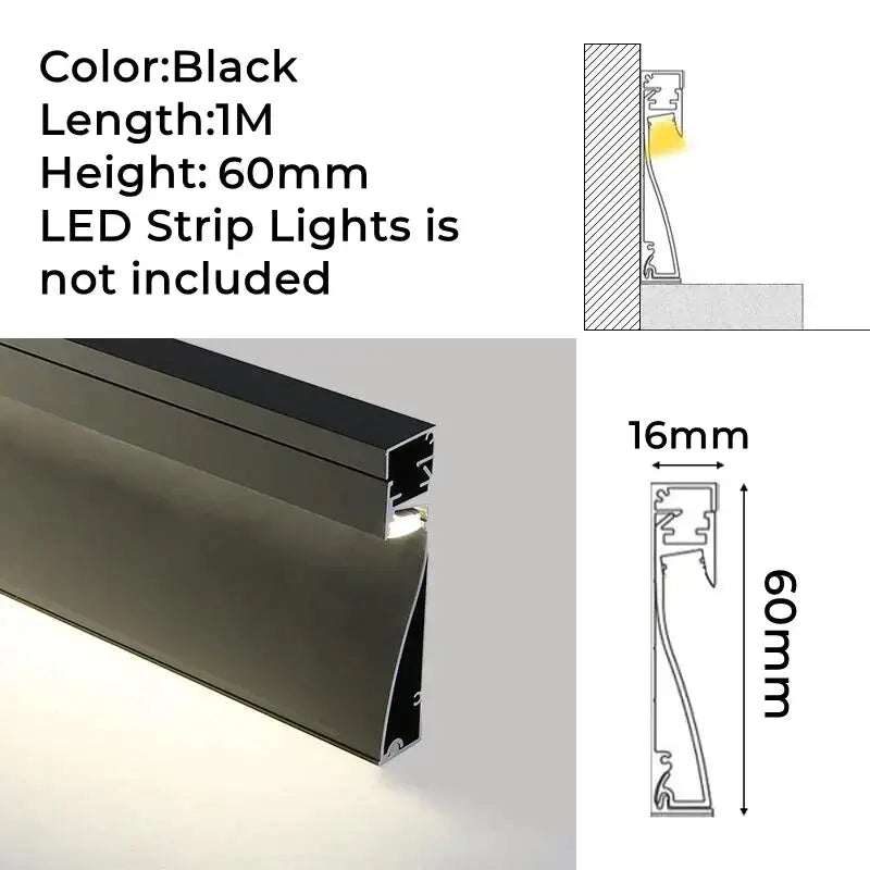 Black 60mm tall aluminum strip light channel for decorbites led skirting line with milky cover for mounting lighting strips