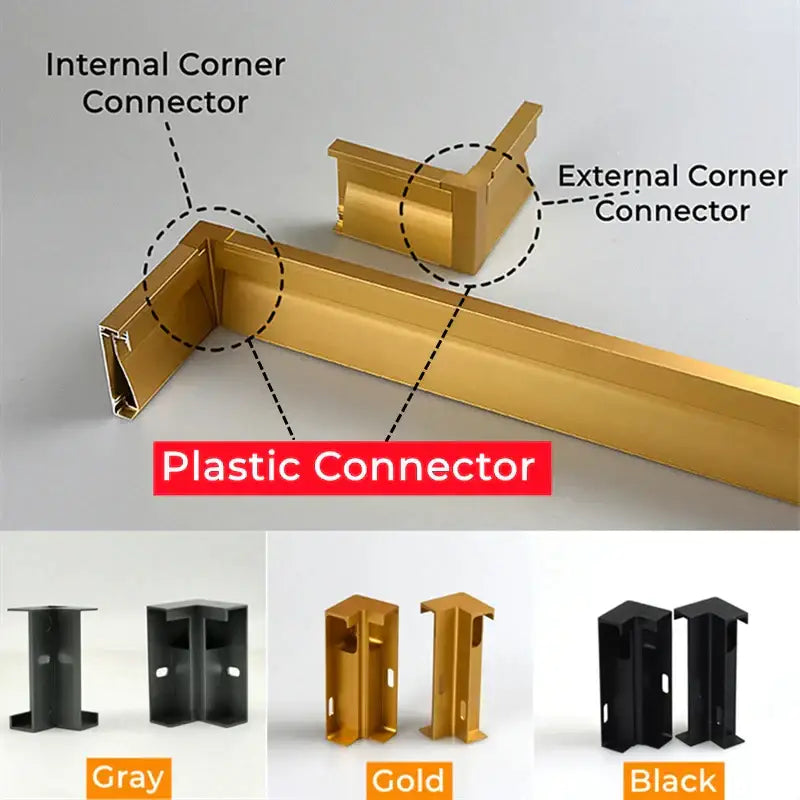 Gold-colored plastic corner connectors for decorbites led skirting line strip light with gray and black trim options