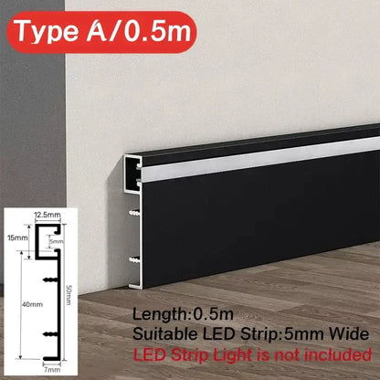 Black and silver aluminum decorbites™ led skirting profile with 0.5m length for 5mm wide led strip light installation