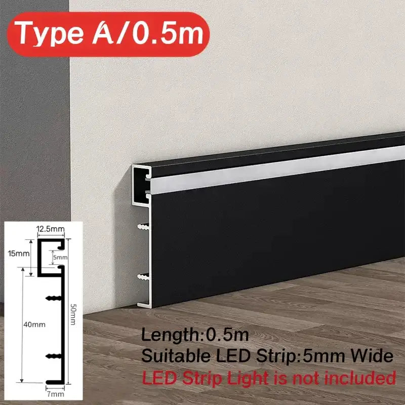 Black and silver aluminum decorbites™ led skirting profile with 0.5m length for 5mm wide led strip light installation