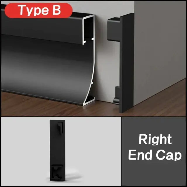 Black type b aluminum led skirting profile with sleek modern baseboard trim and matching right end cap by decorbites