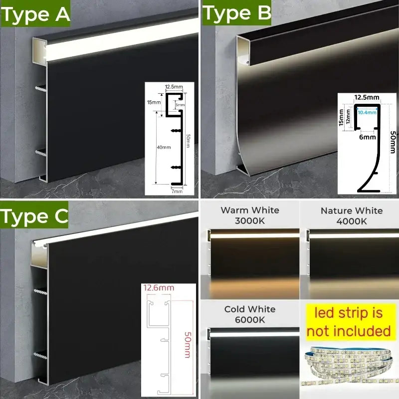 Black aluminum led skirting profile with integrated mounting channels and three color temperature options by decorbites