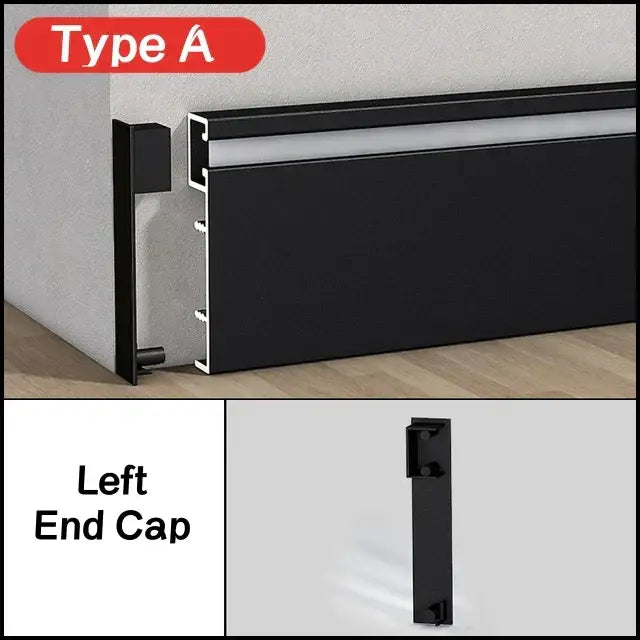 Black led skirting profile with sleek aluminum baseboard light and integrated mounting hardware for recessed corners