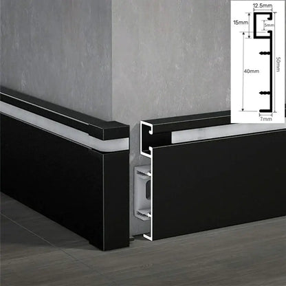 DecorBites™ led skirting profile with black matte aluminum baseboard trim and integrated white inner channel for recessed lighting